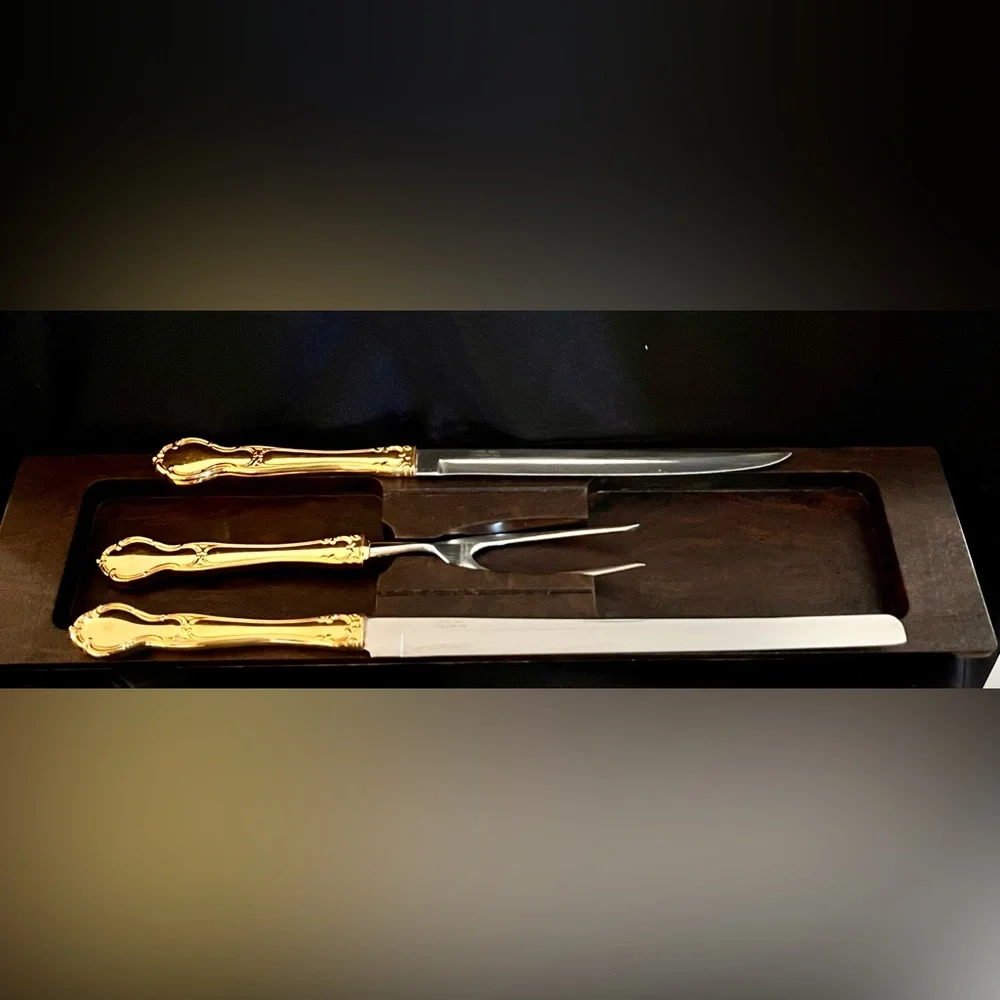 VTG Carvel Hall Gold Carving Set 3pc Mid Century Modern MCM Knife Fork Host Retr